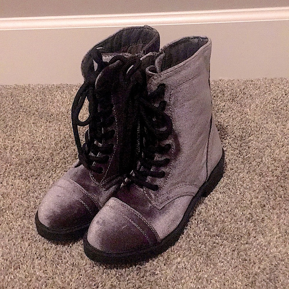 Grey Velvet Combat Boots